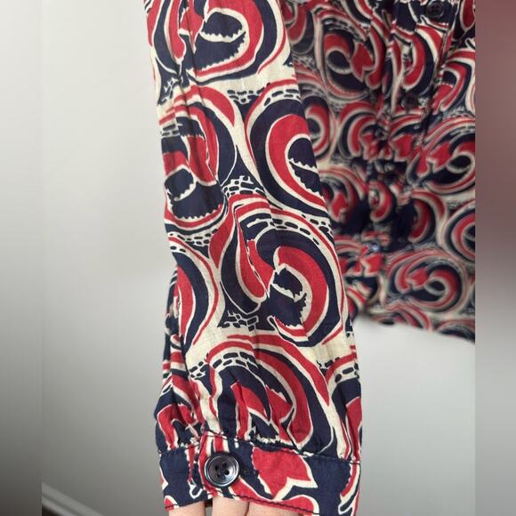 Tory Burch Cotton Silk Blend Wave Print Button Front Boho Blouse Tassels Size 6 - Picture 3 of 7
